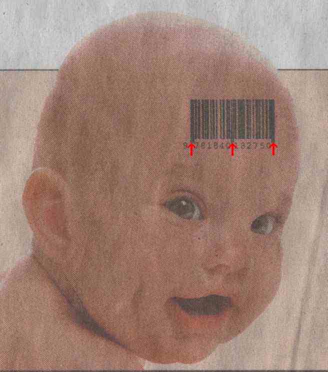 Enlarged view of baby with Barcode on forehead